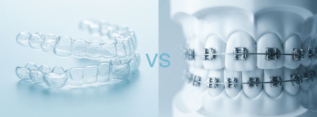 Clear aligners on one side and metal braces on the other with a VS graphic, used for explaining are aligners better than braces on Apollo Dental Clinic Sainikpuri website.