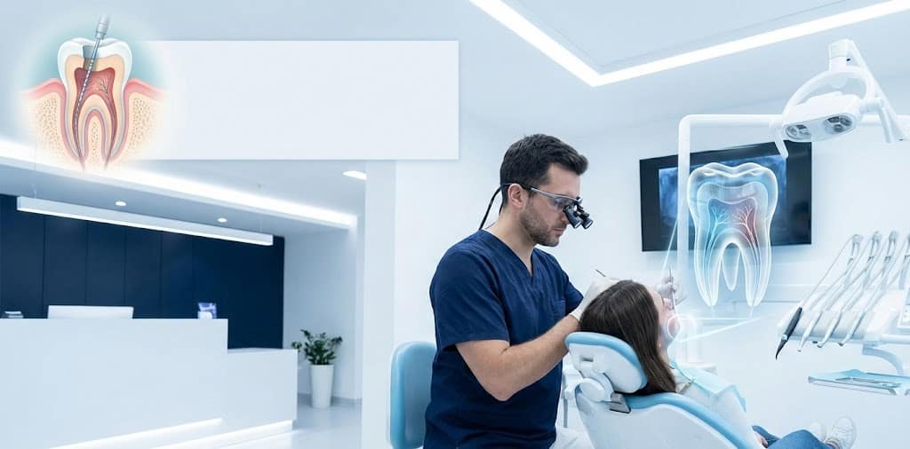Hero image showing dentist checking a patient during root canal treatment, used for a guide on roo tcanal treatment cost in Hyderabad.